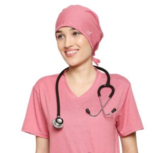 A Women wearing reddish pink color anti-fungal head cover - Pink Mauve
